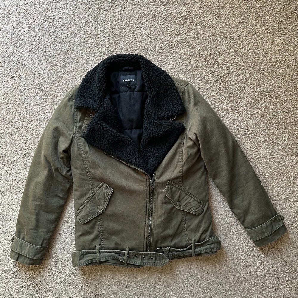 Express Jacket Womens Extra Small Full Zip Notch Green Cotton Fleece Lined